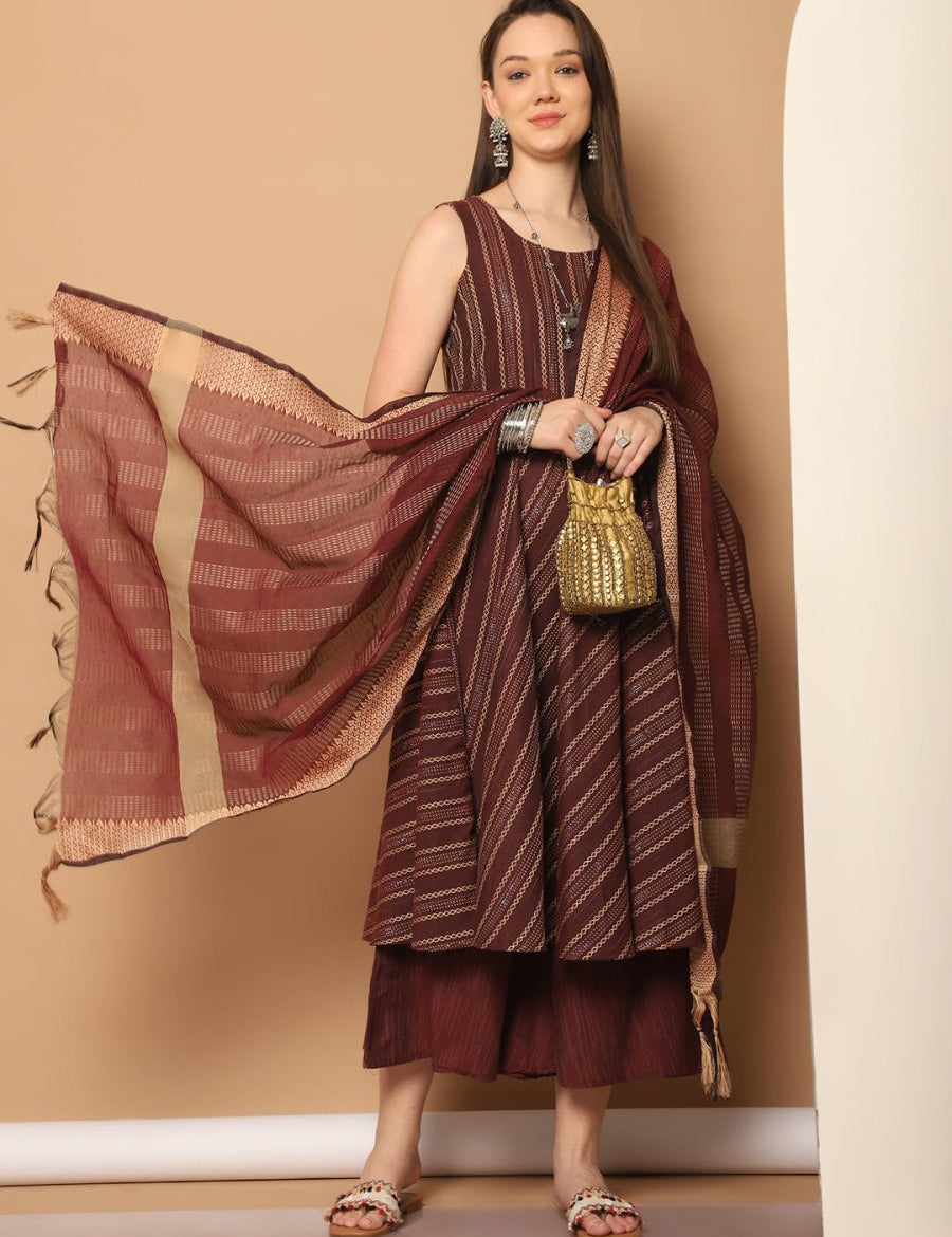Women Woven Design Kantha Work Kurta with Palazzos & With Dupatta - JOKPL_D56M_1554_Maroon_S