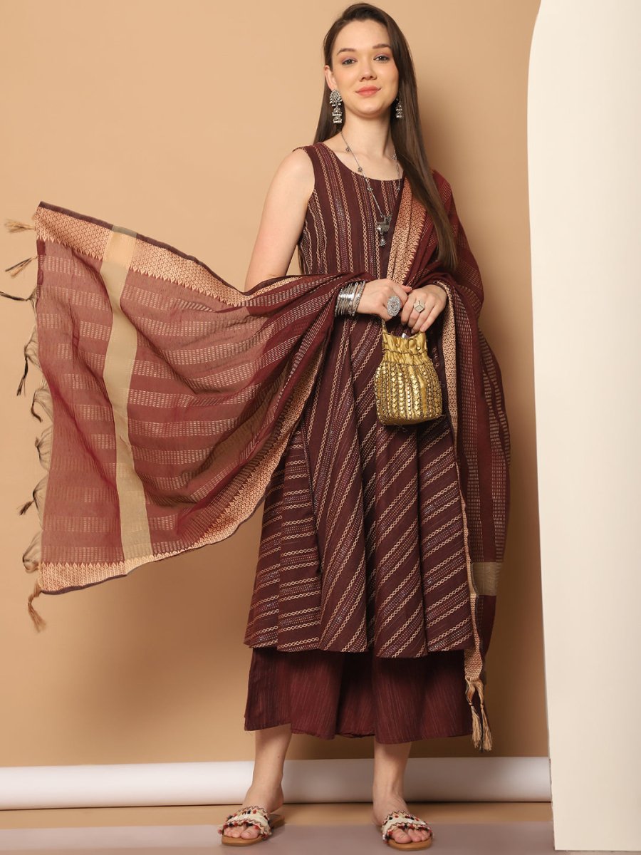 Women Woven Design Kantha Work Kurta with Palazzos & With Dupatta - JOKPL_D56M_1554_Maroon_S