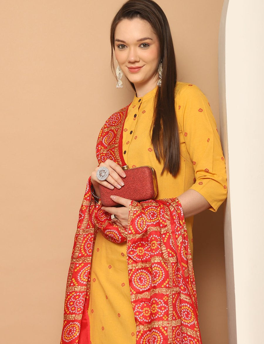 Women Woven Design Kurta with Palazzos & With Dupatta - JOKPL_D37R_1555_Yellow_S