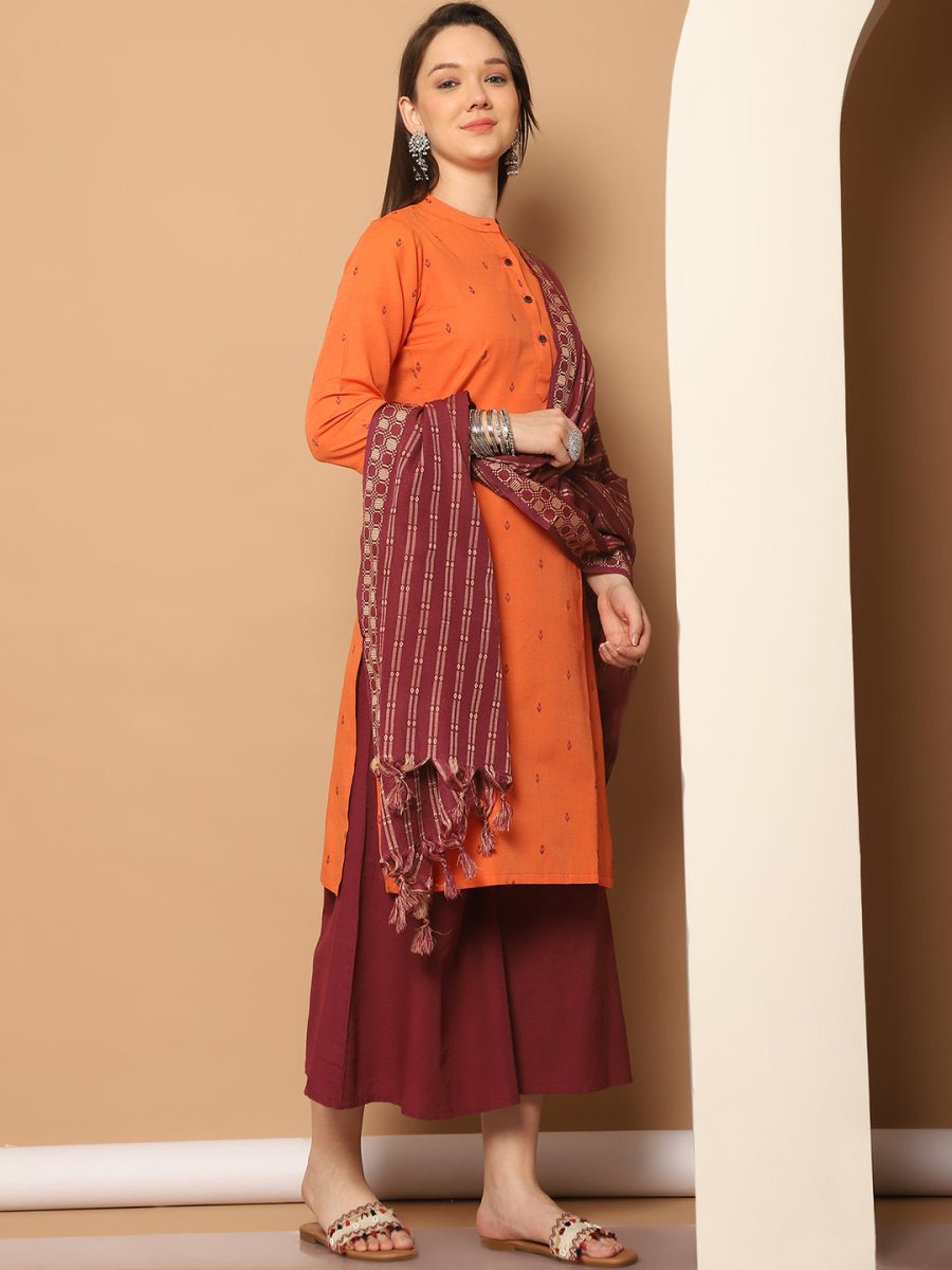 Women Woven Design Orange Kurta with Palazzos & With Dupatta - JOKPL_D51P_1555_Orange_S