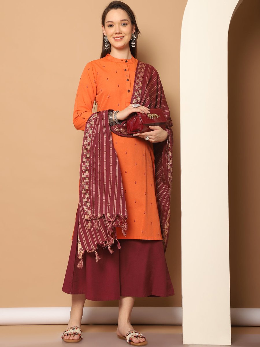 Women Woven Design Orange Kurta with Palazzos & With Dupatta - JOKPL_D51P_1555_Orange_S