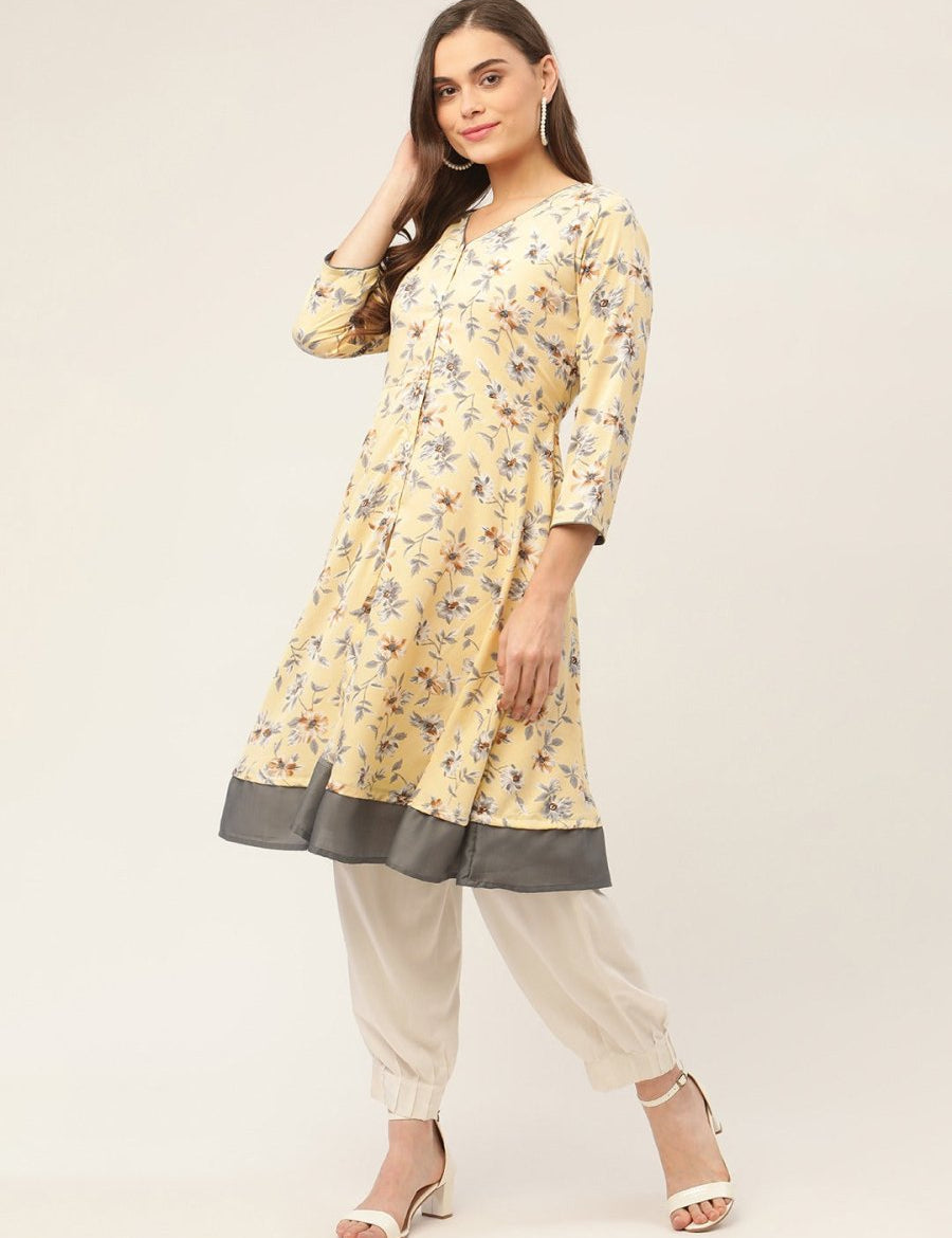 Women Yellow and White Flared Printed kurta - JOK_1424_Yellow_S