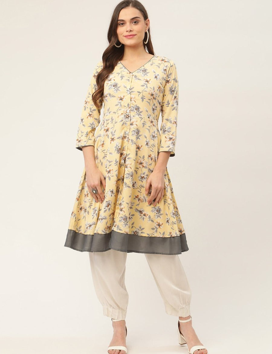 Women Yellow and White Flared Printed kurta - JOK_1424_Yellow_S