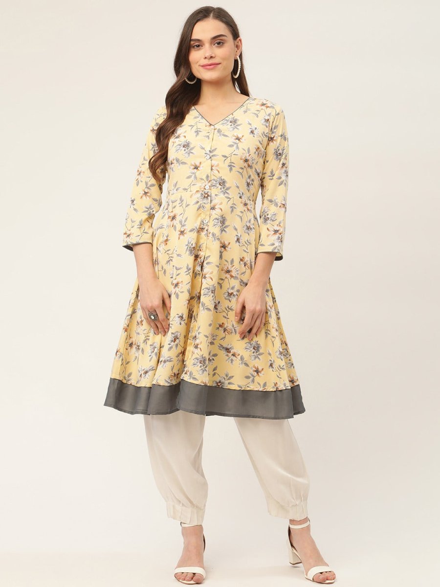 Women Yellow and White Flared Printed kurta - JOK_1424_Yellow_S