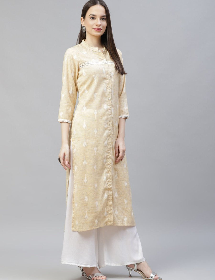 Women Yellow Ethnic Motifs Ikat Kurta with lace work - JOK_1404_Yellow_S