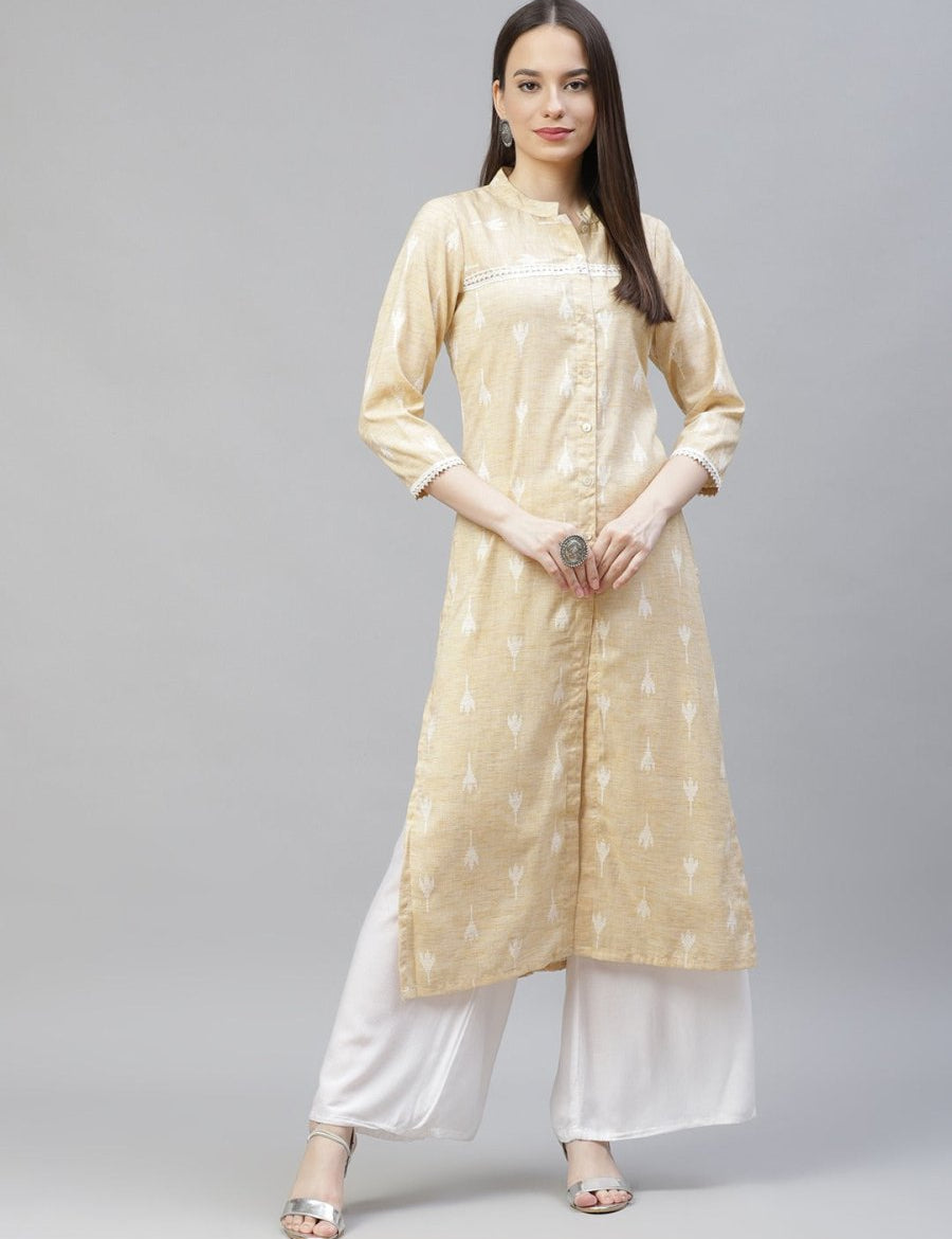 Women Yellow Ethnic Motifs Ikat Kurta with lace work - JOK_1404_Yellow_S