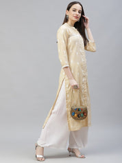 Women Yellow Ethnic Motifs Ikat Kurta with lace work - JOK_1404_Yellow_S