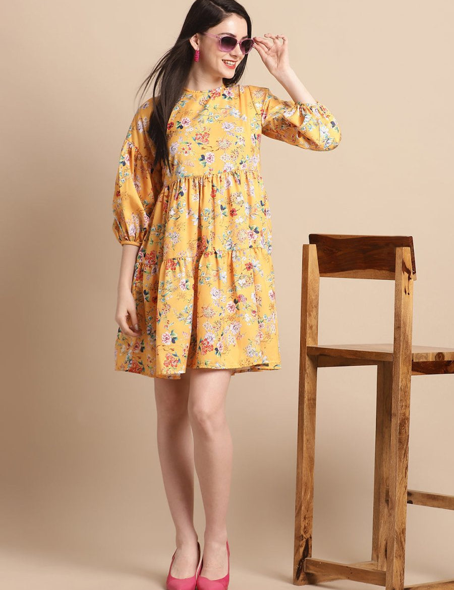 women Yellow Printed A-Line Dress - JND_1021Yellow_XS