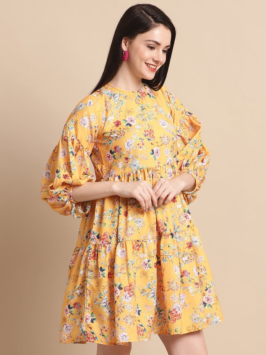 women Yellow Printed A-Line Dress - JND_1021Yellow_XS