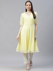 Women Yellow Woven Design Flared Kurta - JOK_1403_Yellow_S