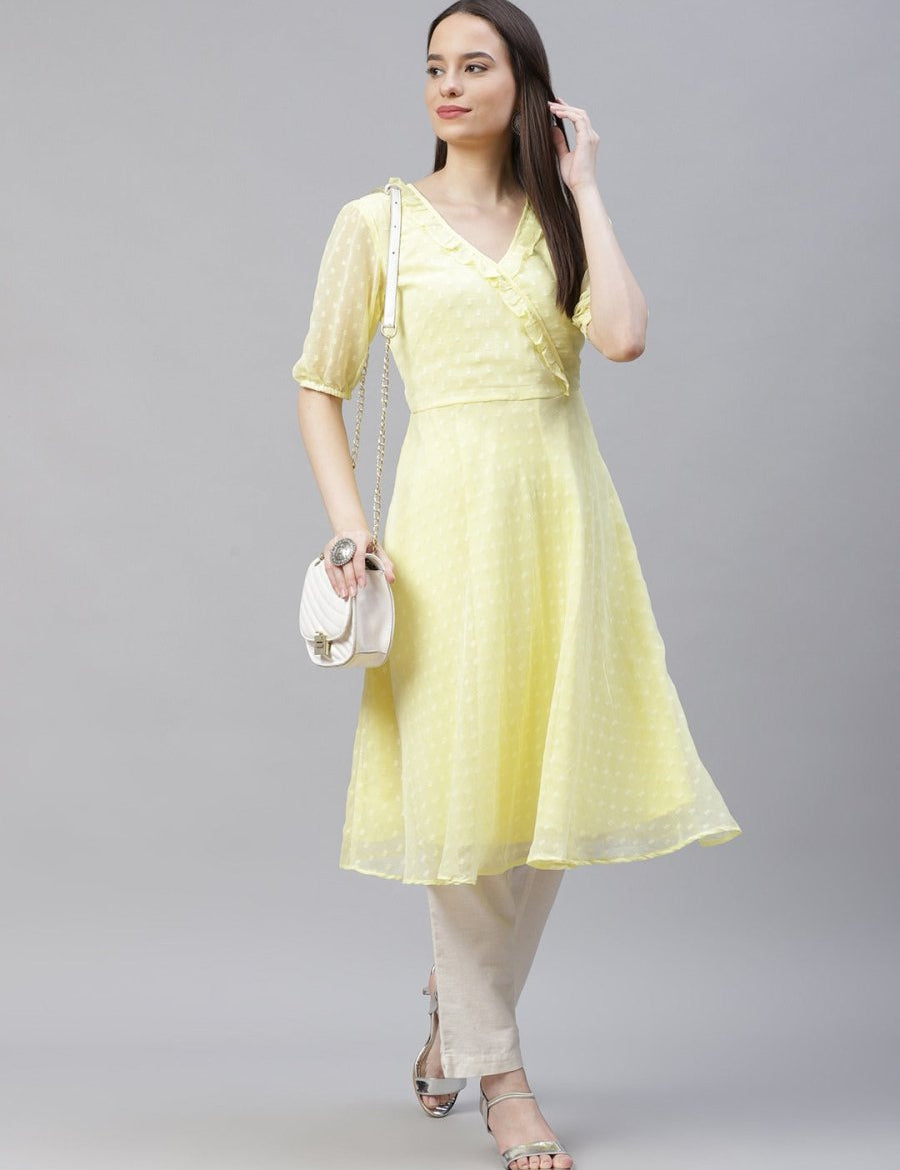 Women Yellow Woven Design Flared Kurta - JOK_1403_Yellow_S