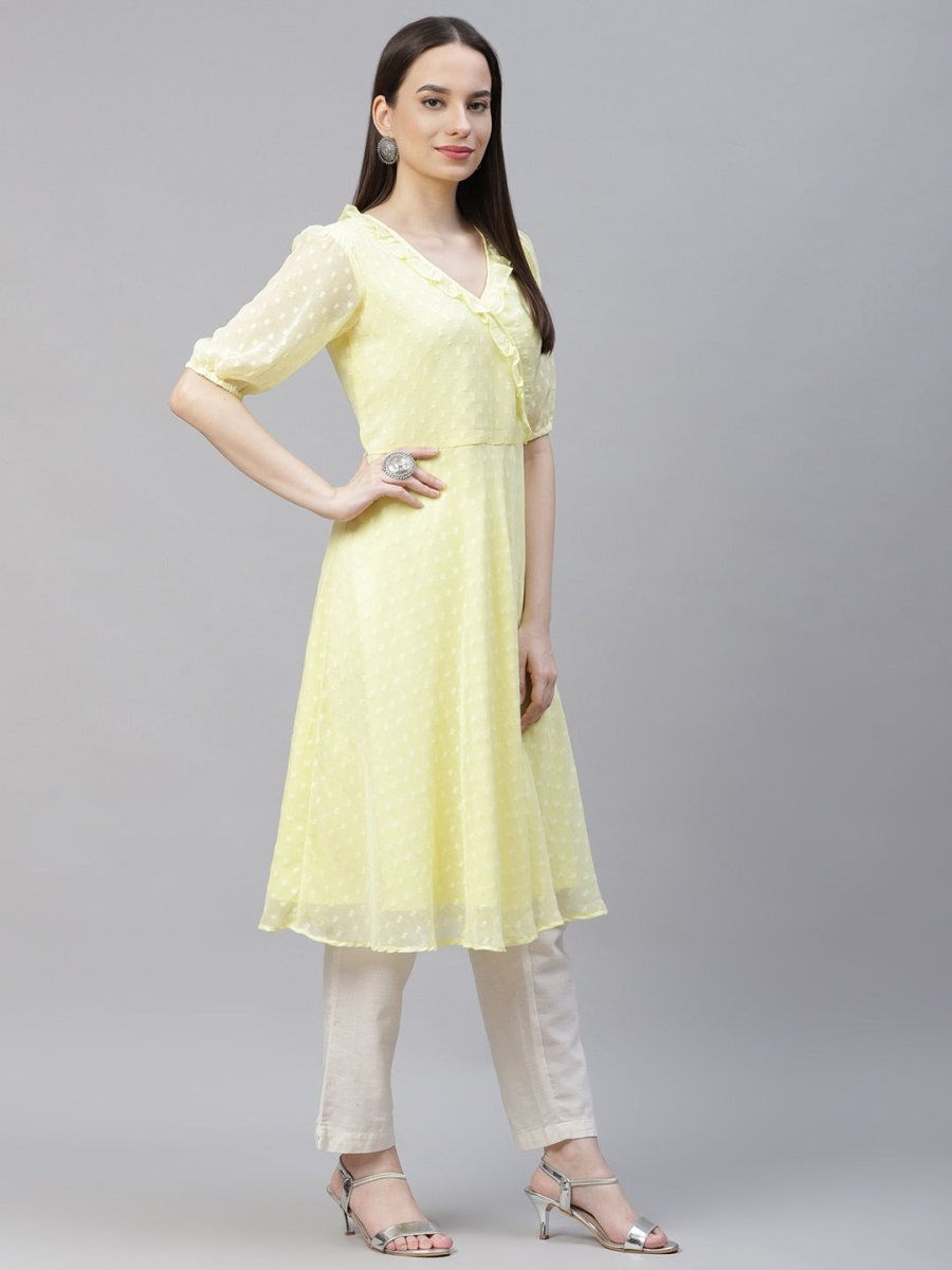 Women Yellow Woven Design Flared Kurta - JOK_1403_Yellow_S