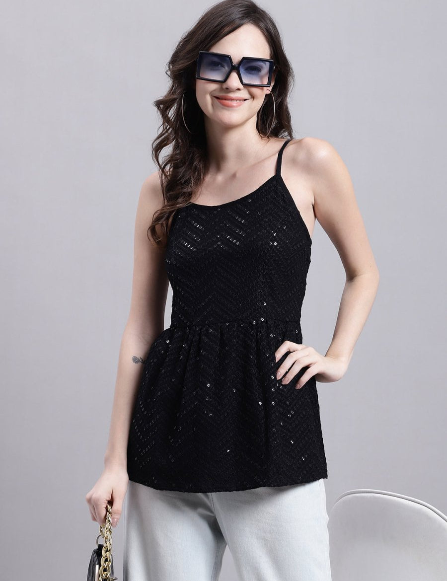 Women's Black Chikankari Sequen Work Empire Top - JNT_2014Black_XS