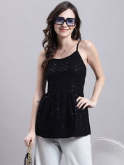 Women's Black Chikankari Sequen Work Empire Top - JNT_2014Black_XS