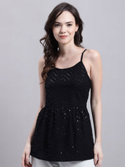 Women's Black Chikankari Sequen Work Empire Top - JNT_2014Black_XS