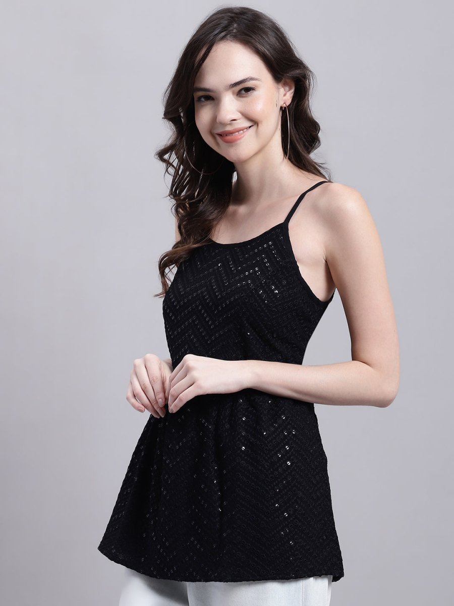 Women's Black Chikankari Sequen Work Empire Top - JNT_2014Black_XS