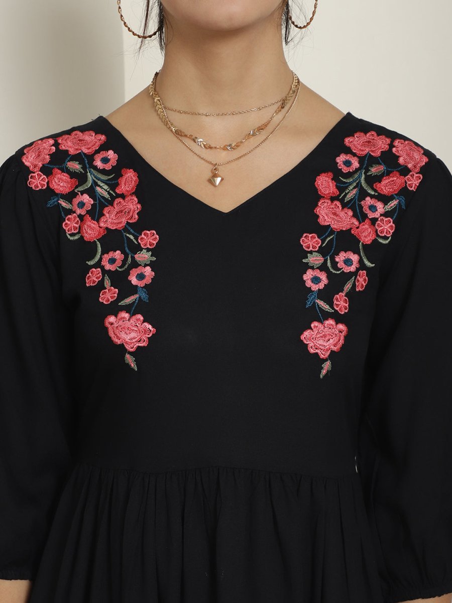 Women's Black Floral Embroidered A-line Dress - JND_1024Black_XS