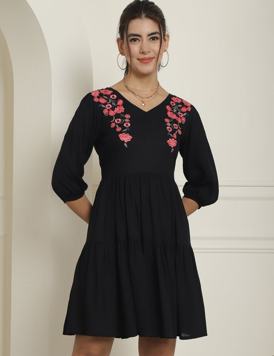Women's Black Floral Embroidered A-line Dress - JND_1024Black_XS