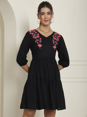 Women's Black Floral Embroidered A-line Dress - JND_1024Black_XS