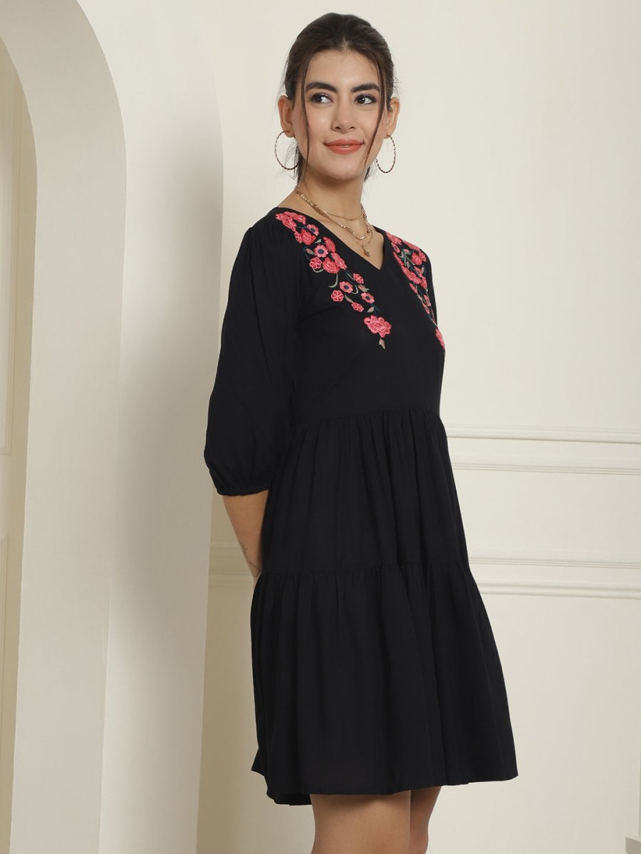 Women's Black Floral Embroidered A-line Dress - JND_1024Black_XS
