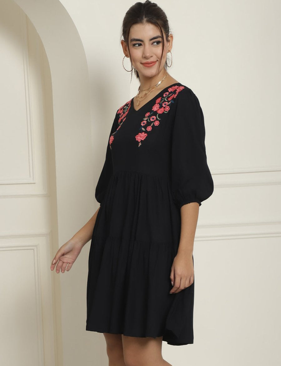 Women's Black Floral Embroidered A-line Dress - JND_1024Black_XS