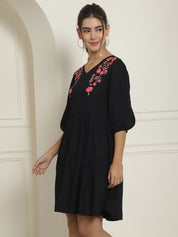 Women's Black Floral Embroidered A-line Dress - JND_1024Black_XS