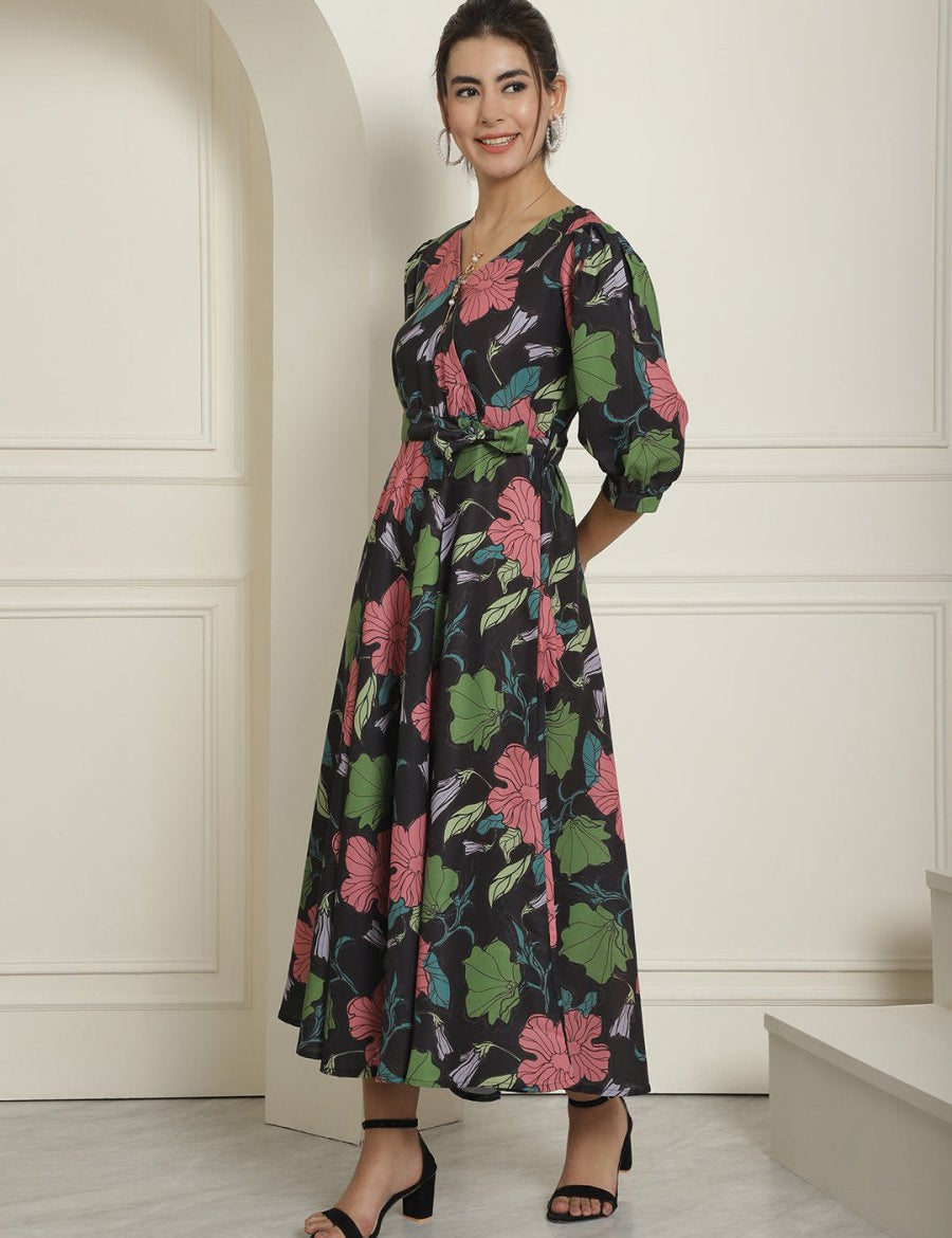 Women's Black Floral Printed A-line Dress With Belt - JND_1023Black_XS
