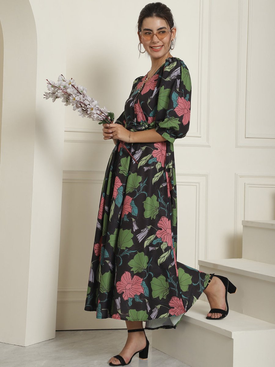 Women's Black Floral Printed A-line Dress With Belt - JND_1023Black_XS