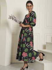 Women's Black Floral Printed A-line Dress With Belt - JND_1023Black_XS
