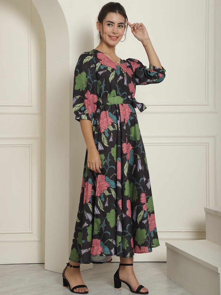Women's Black Floral Printed A-line Dress With Belt - JND_1023Black_XS