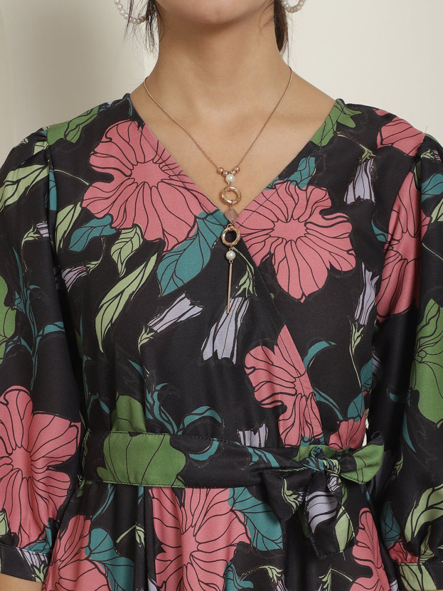 Women's Black Floral Printed A-line Dress With Belt - JND_1023Black_XS