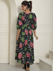 Women's Black Floral Printed A-line Dress With Belt - JND_1023Black_XS