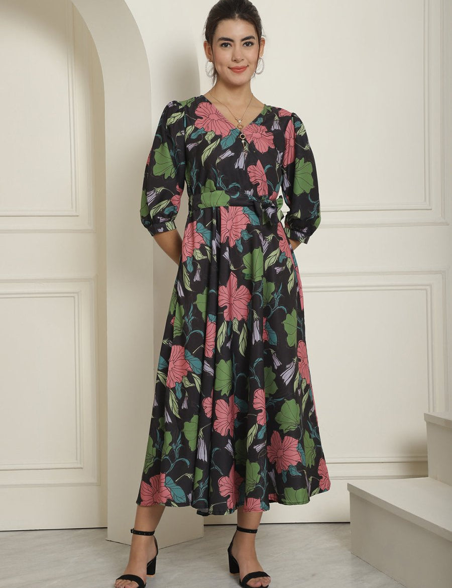 Women's Black Floral Printed A-line Dress With Belt - JND_1023Black_XS
