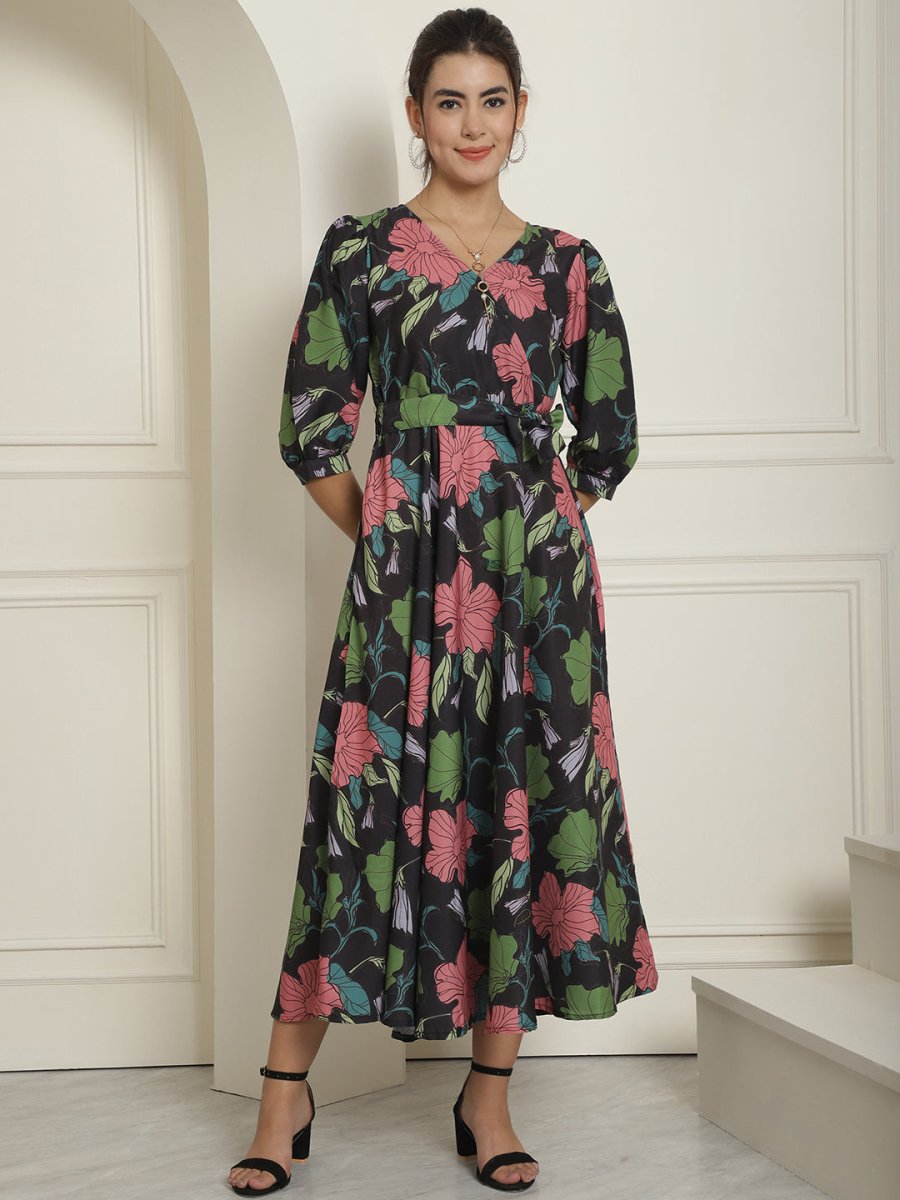 Women's Black Floral Printed A-line Dress With Belt - JND_1023Black_XS