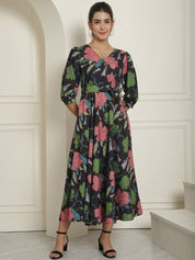 Women's Black Floral Printed A-line Dress With Belt - JND_1023Black_XS