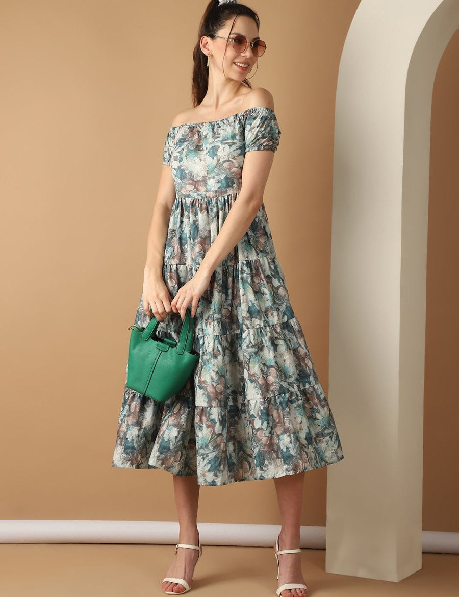 Women's Blue Printed off-Shoulder Dress - JND_1022Blue_XS