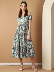 Women's Blue Printed off-Shoulder Dress - JND_1022Blue_XS