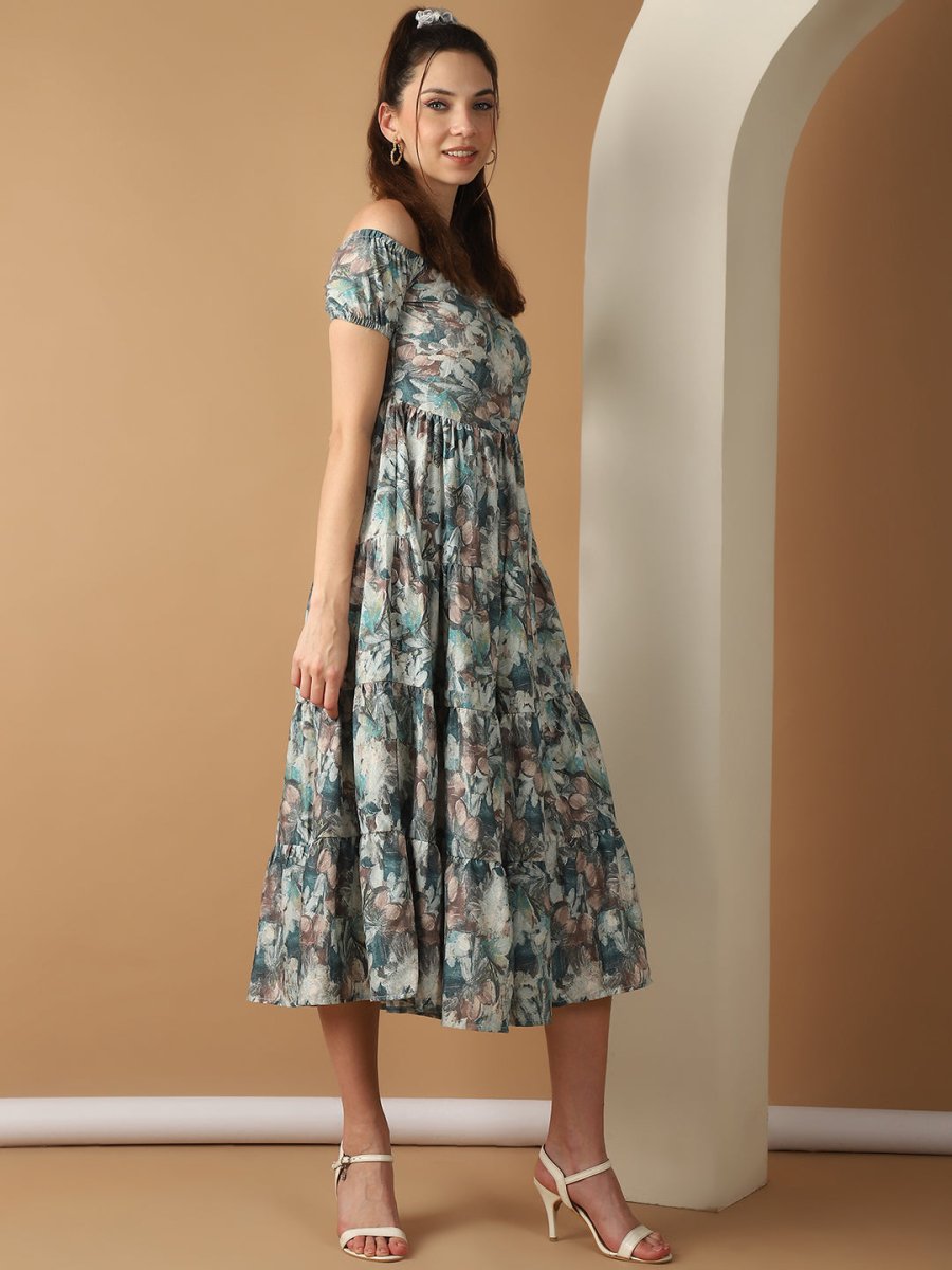 Women's Blue Printed off-Shoulder Dress - JND_1022Blue_XS