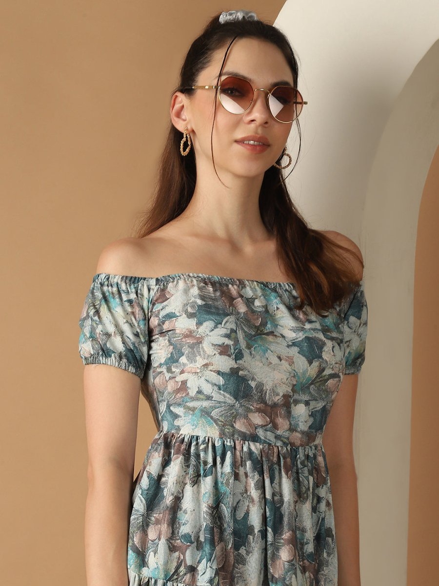Women's Blue Printed off-Shoulder Dress - JND_1022Blue_XS