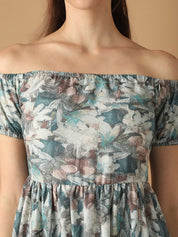 Women's Blue Printed off-Shoulder Dress - JND_1022Blue_XS
