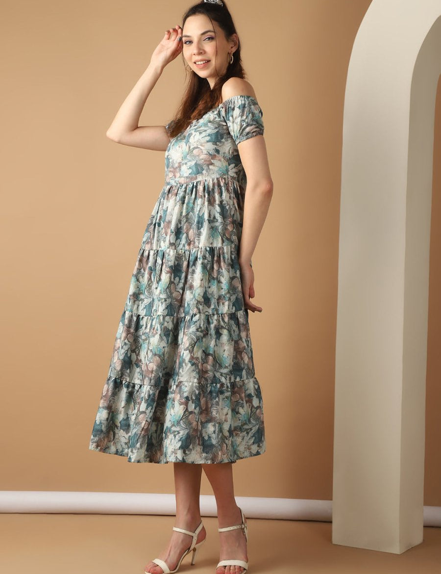 Women's Blue Printed off-Shoulder Dress - JND_1022Blue_XS