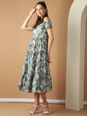 Women's Blue Printed off-Shoulder Dress - JND_1022Blue_XS