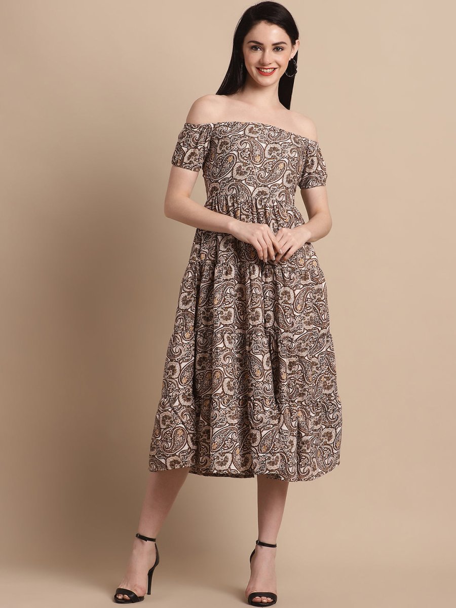 Women's Brown Printed off-Shoulder Dress - JND_1022Brown_XS