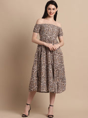 Women's Brown Printed off-Shoulder Dress - JND_1022Brown_XS