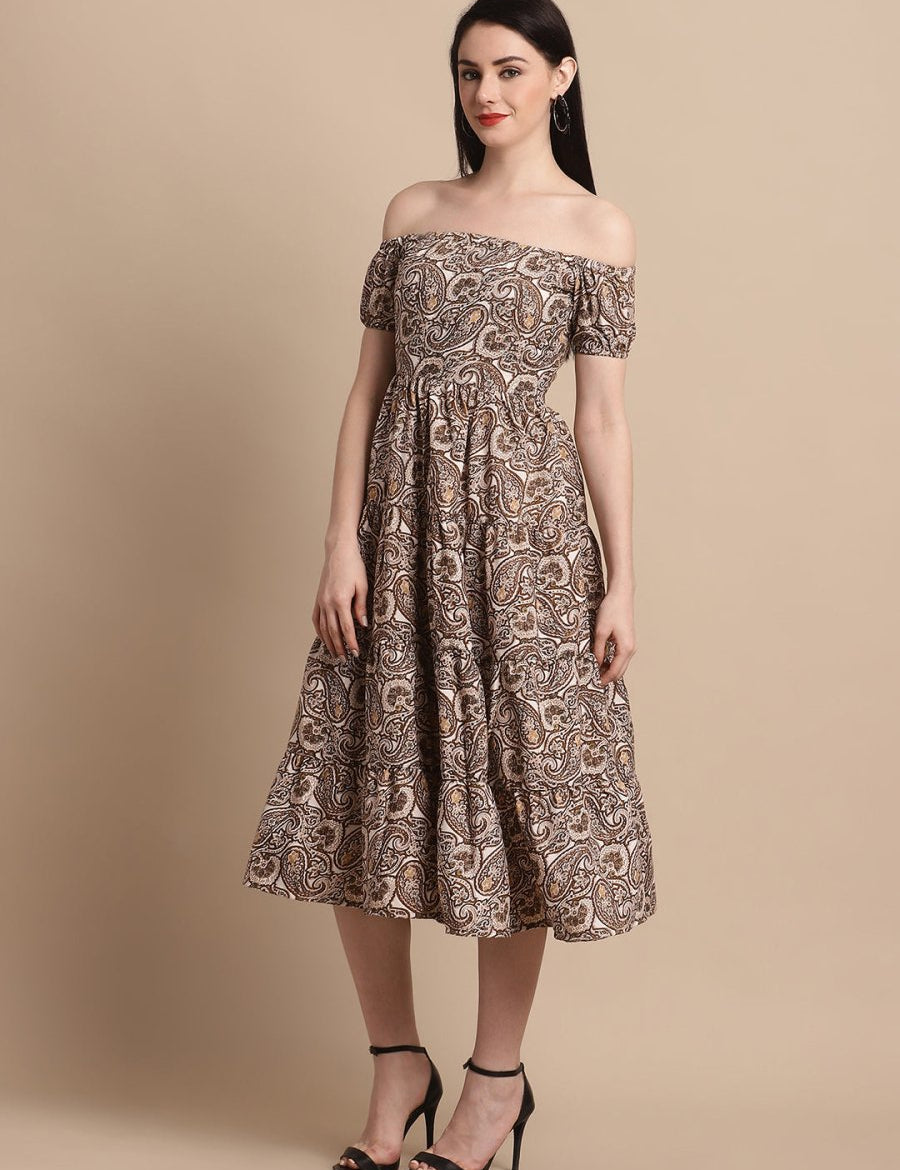 Women's Brown Printed off-Shoulder Dress - JND_1022Brown_XS