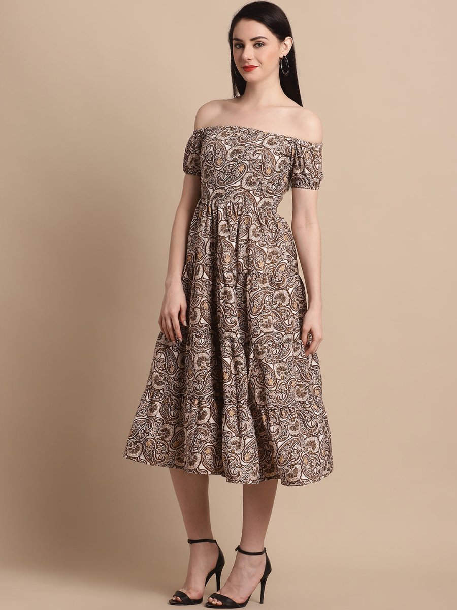 Women's Brown Printed off-Shoulder Dress - JND_1022Brown_XS