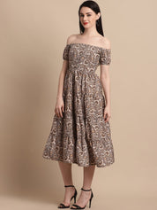 Women's Brown Printed off-Shoulder Dress - JND_1022Brown_XS