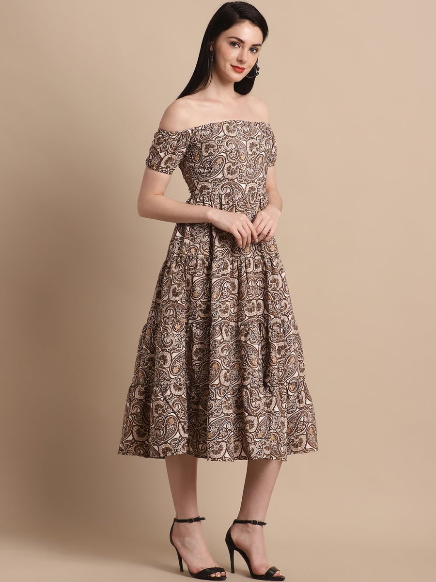 Women's Brown Printed off-Shoulder Dress - JND_1022Brown_XS