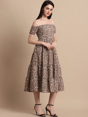 Women's Brown Printed off-Shoulder Dress - JND_1022Brown_XS