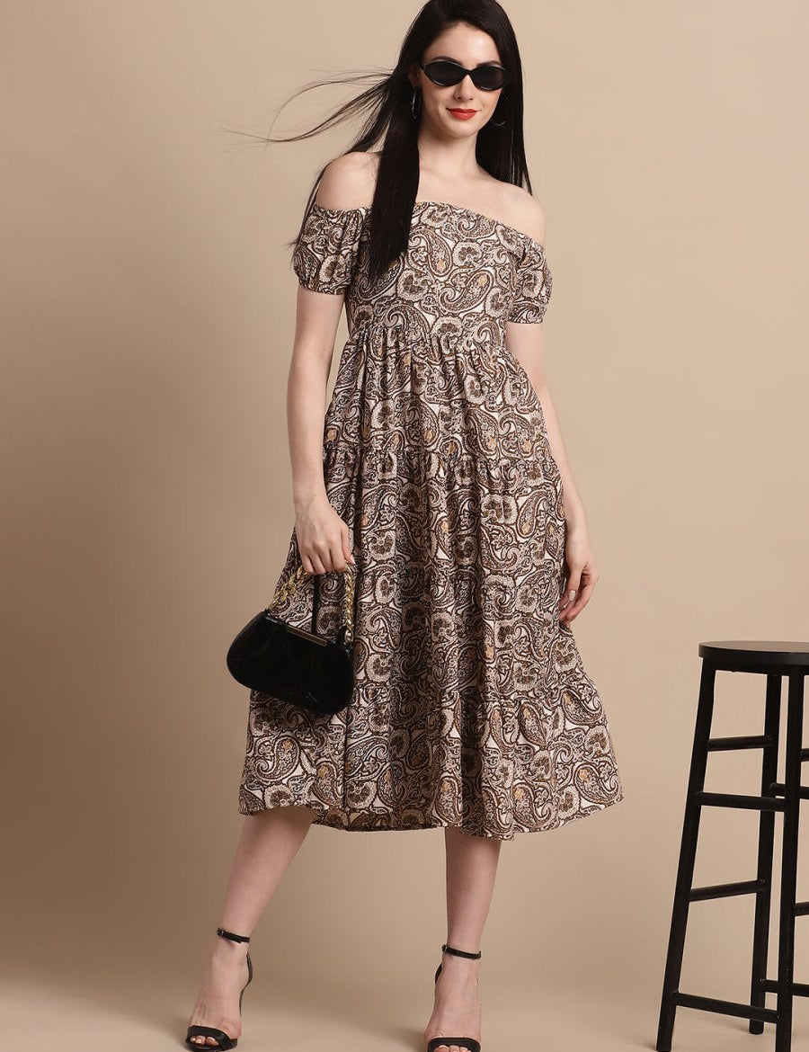 Women's Brown Printed off-Shoulder Dress - JND_1022Brown_XS